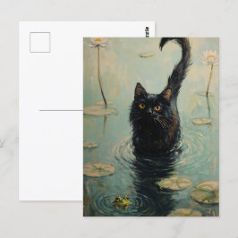 Cartão Postal Gato Negro e Sapo em Lily Pond