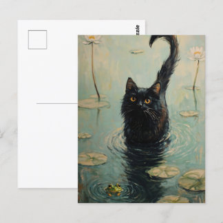 Cartão Postal Gato Negro e Sapo em Lily Pond
