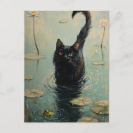 Cartão Postal Gato Negro e Sapo em Lily Pond