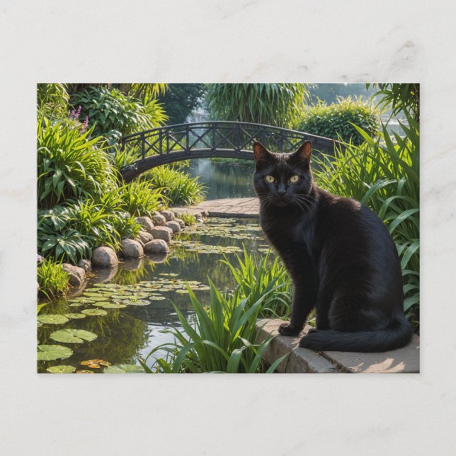Cartão Postal Gato Negro em um Jardim (Frente)