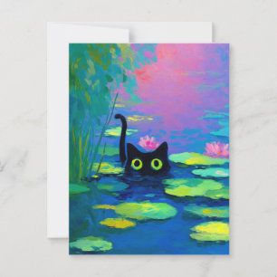 Cartão Postal Gato Negro Engraçado Nadando Pond   Quirky Art
