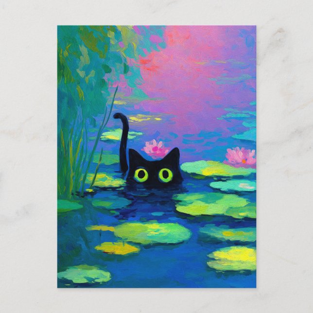 Cartão Postal Gato Negro Engraçado Nadando Pond | Quirky Art (Frente)