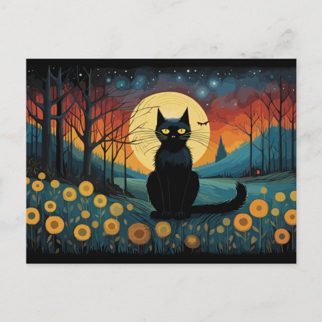 Cartão Postal Gato Negro Halloween Na Lua Cheia (Frente)