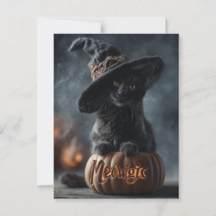 Cartão Postal Gato Negro "Meowgic" num Chapéu de Bruxa