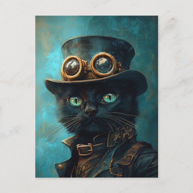 Cartão Postal Gato Negro na fantasia Steampunk (Frente)