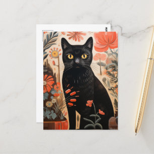 Cartão Postal Gato Negro nas Plantas