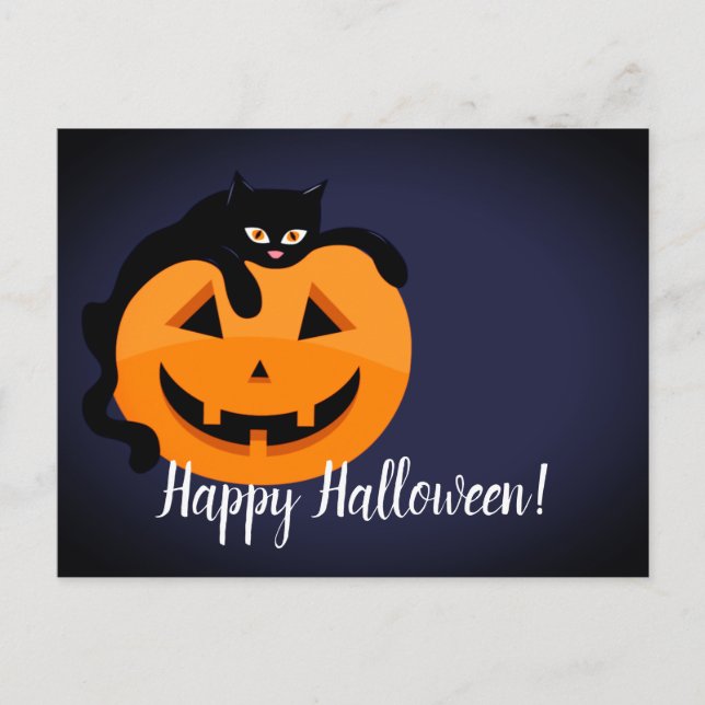 Cartão Postal Gato Negro no Halloween da Lua (Frente)