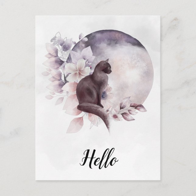 Cartão Postal Gato Negro por uma Lua Mágica Cheia (Frente)