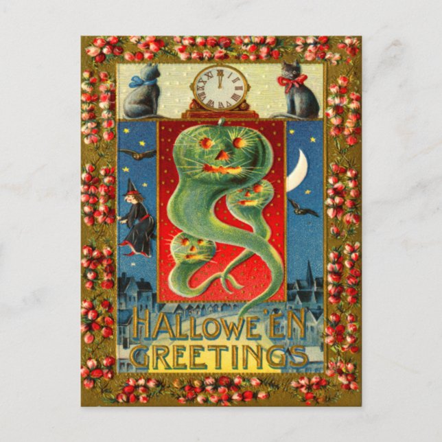 Cartão Postal Gato Negro Pumpkin Ghost Pumpkin Green Jack O' Lan (Frente)