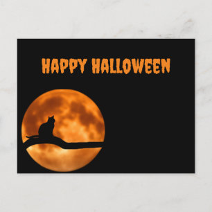 Cartão Postal Gato Negro Sob Lua Laranja