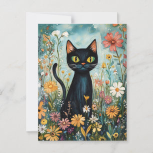 Cartão Postal Gato Negro Whimsical com Ilustração de Flores Selv