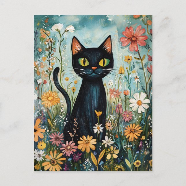 Cartão Postal Gato Negro Whimsical com Ilustração de Flores Selv (Frente)