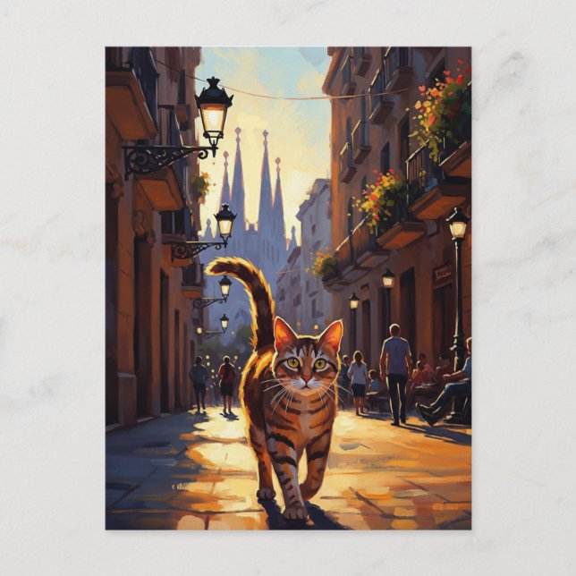 Cartão Postal Gato no Barcelona La Sagrada Família Espanha (Frente)