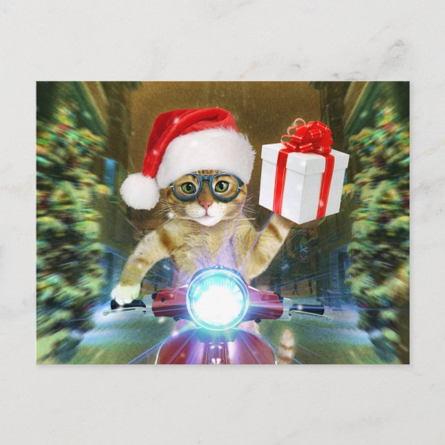 Cartão Postal Gato no Papai Noel que entrega presente de Natal (Frente)