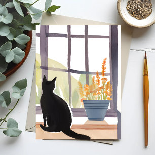 Cartão Postal Gato no parapeito da janela   Silhueta Aquarela 
