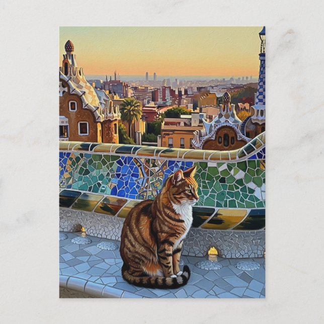 Cartão Postal Gato no Parque da Espanha de Barcelona Güell Viage (Frente)