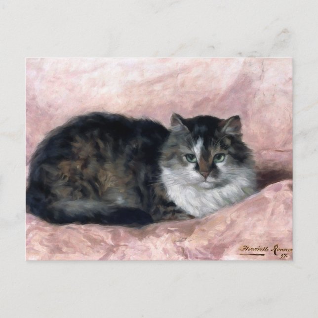 Cartão Postal Gato no Travesseiro rosa por Henriëtte Ronner-Knip (Frente)