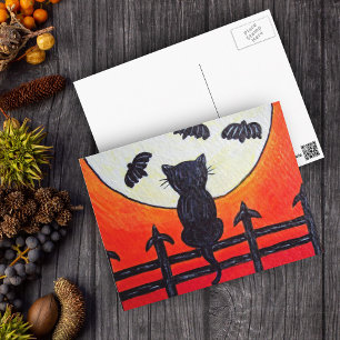 Cartão Postal Gato numa cerca nos morcegos da lua