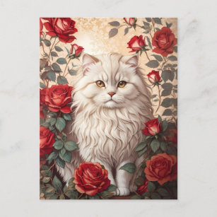 Cartão Postal Gato Persa Elegante Vintage com Rosas