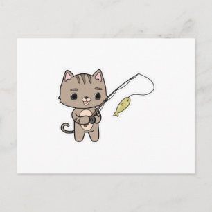Cartão Postal Gato pescando com vara de pescar