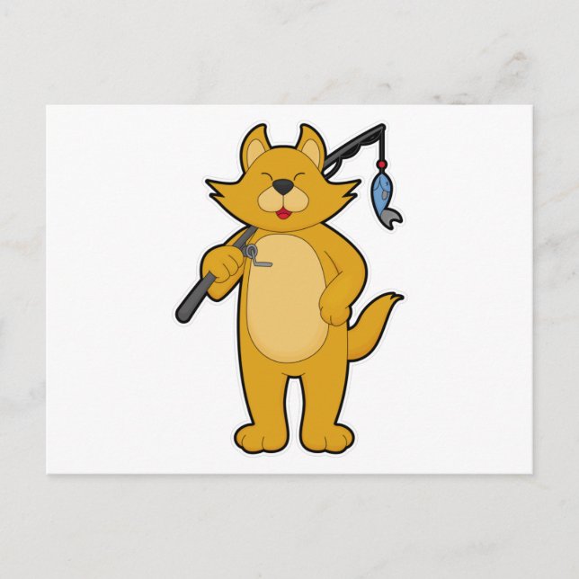 Cartão Postal Gato pescando com vara de pescar & Peixe (Frente)