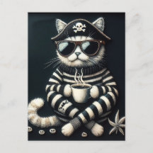 Gato Pirata Adorável Com um Café