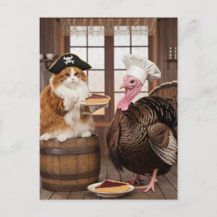 Cartão Postal Gato Pirata Adorável e Peru no Dia de Ação de Graç