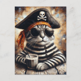 Cartão Postal Gato pirata com café
