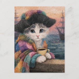 Cartão Postal Gato Pirata Com Café