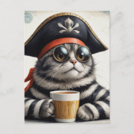 Cartão Postal Gato pirata com café