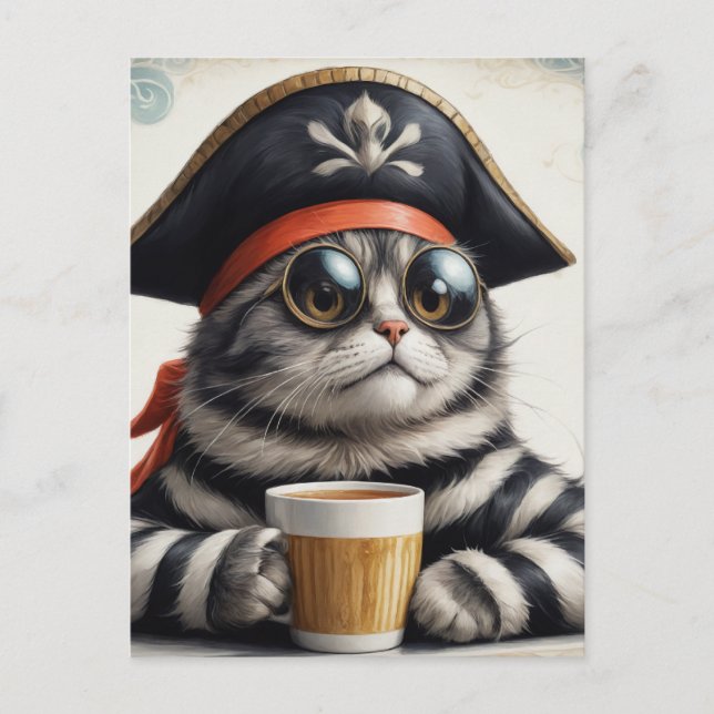 Cartão Postal Gato pirata com café (Frente)