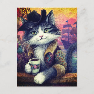 Cartão Postal Gato Pirata Fofo Com um Café