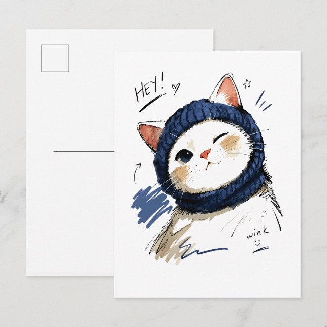 Cartão Postal Gato Piscando com Cachecol de Tricô Aconchegante (Frente/Verso)