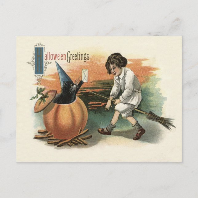 Cartão Postal Gato Preto Abóbora Chapéu de Bruxa Vassoura Carta (Frente)