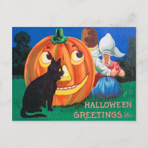 Cartão Postal Gato Preto Abóbora Lanterna das Crianças
