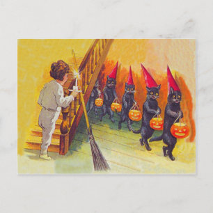 Cartão Postal Gato Preto Abóbora Lanterna de Jack Vassoura