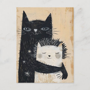 Cartão Postal Gato Preto Abraçando um Cachorro
