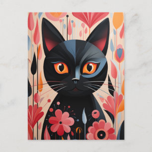 Cartão Postal Gato Preto Adorável Com Flores Rosa