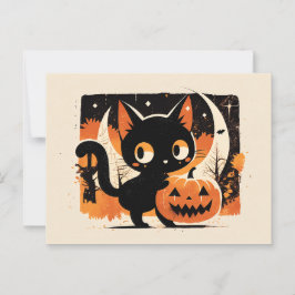Cartão Postal Gato Preto Adorável com Jack-o-lanterno