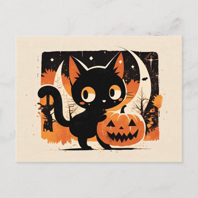 Cartão Postal Gato Preto Adorável com Jack-o-lanterno (Frente)