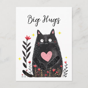 Cartão Postal Gato Preto Aquarela Floral Coração Rosa Abraços Gr
