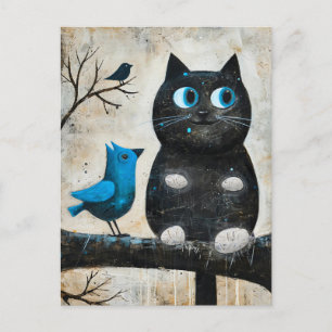 Cartão Postal Gato Preto Assustado e Pássaro Azul no Galho