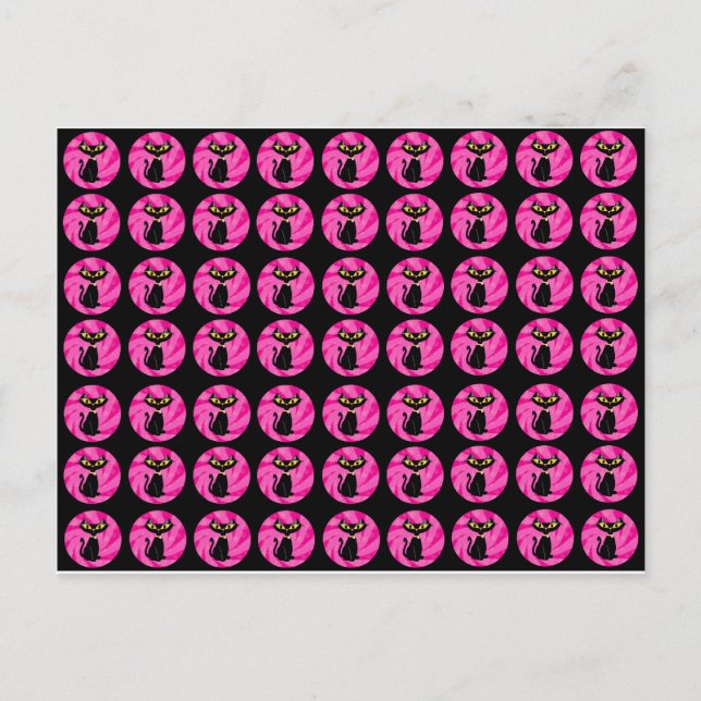 Cartão Postal Gato Preto Assustador com Padrão Rosa (Frente)