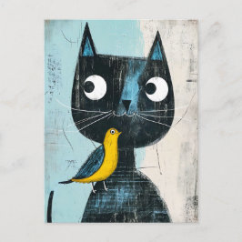 Cartão Postal Gato Preto Bico Amigável com Pássaro Amarelo