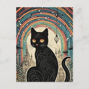 Cartão Postal Gato preto bonito com arco-íris na cidade