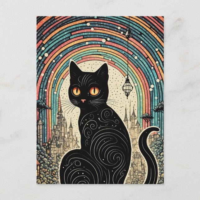 Cartão Postal Gato preto bonito com arco-íris na cidade (Frente)