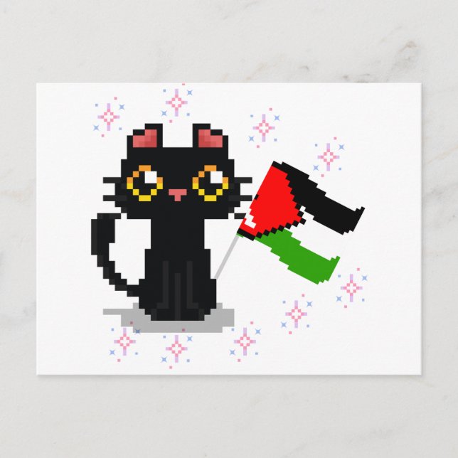 Cartão Postal gato preto bonito segura bandeira da Palestina (Frente)