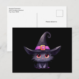 Cartão Postal Gato preto bonito Vestindo chapéu de bruxa