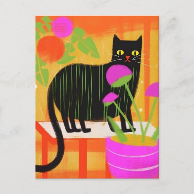 Cartão Postal Gato preto-branco com faixas verdes em plantas dom (Frente)