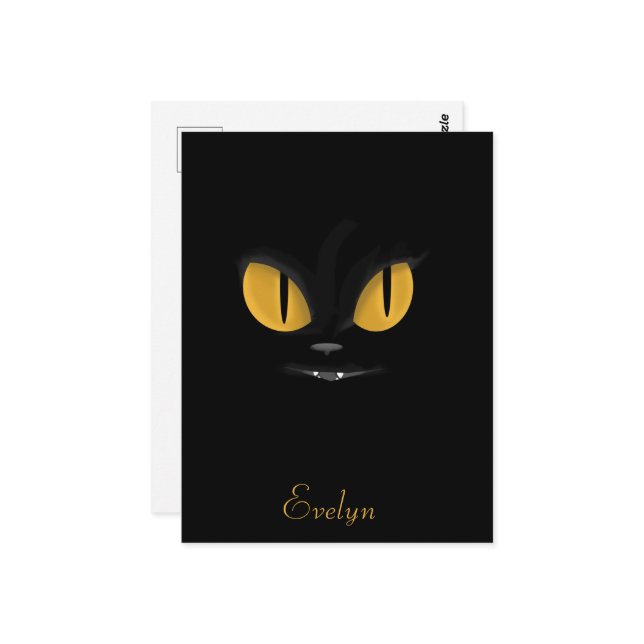 Cartão Postal Gato preto-branco com olhos amarelos brilhantes (Frente/Verso In Situ)